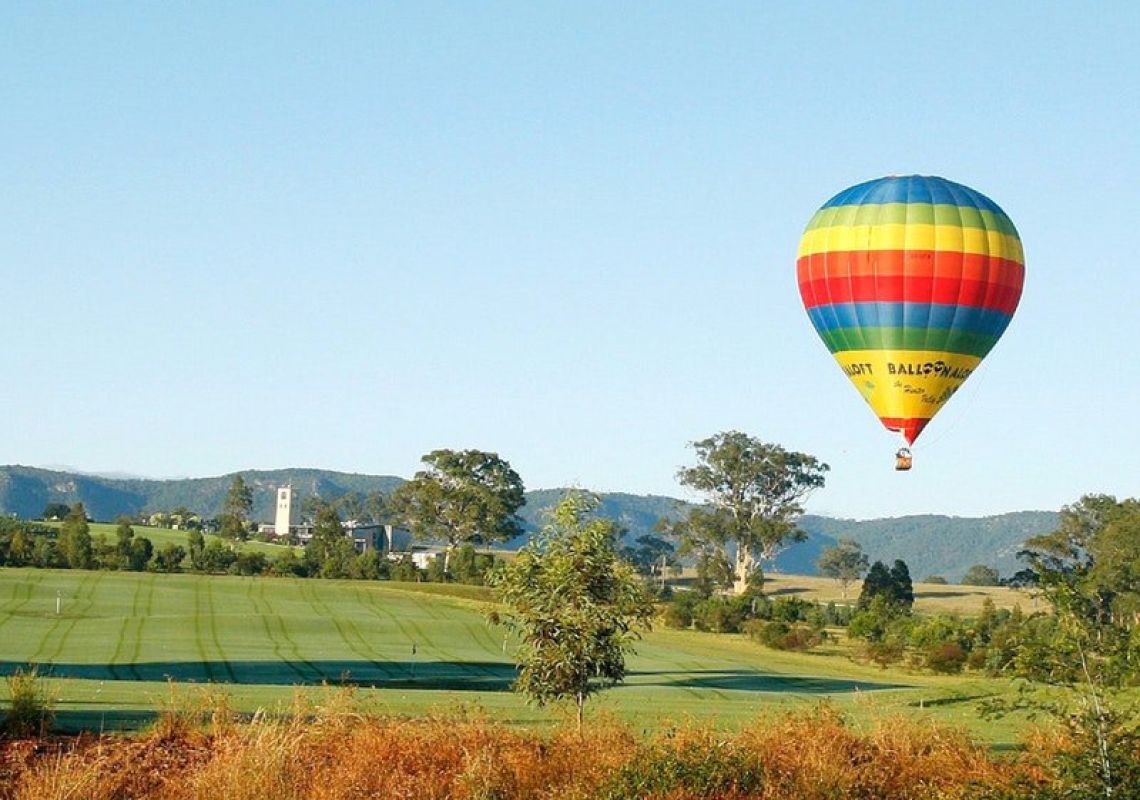 Hot air balloon over the Vintage Golf Club in Rothbury